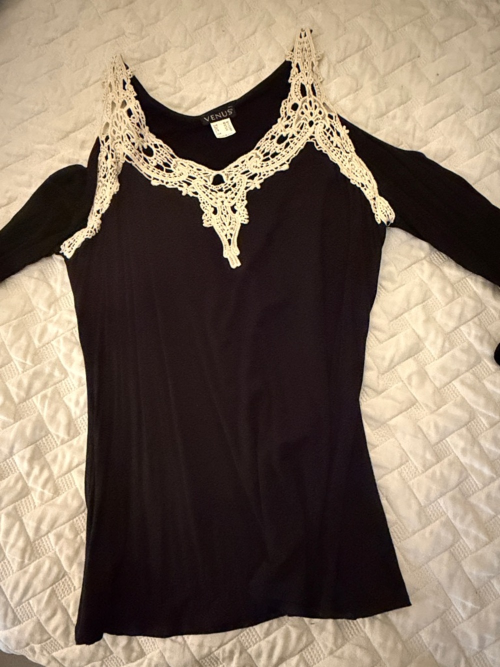 VENUS Black Top with Cream Crochet Cold-Shoulder Detail